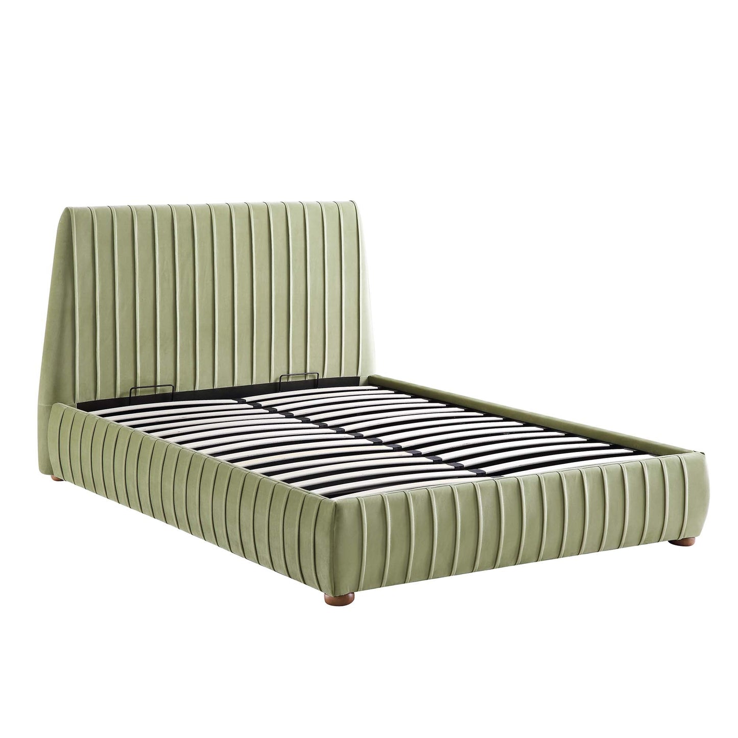 Lit de rangement ottoman plissé Helia, velours lichen