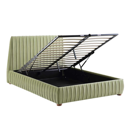 Lit de rangement ottoman plissé Helia, velours lichen