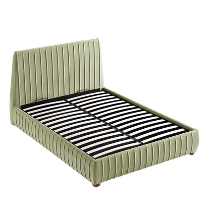 Lit de rangement ottoman plissé Helia, velours lichen