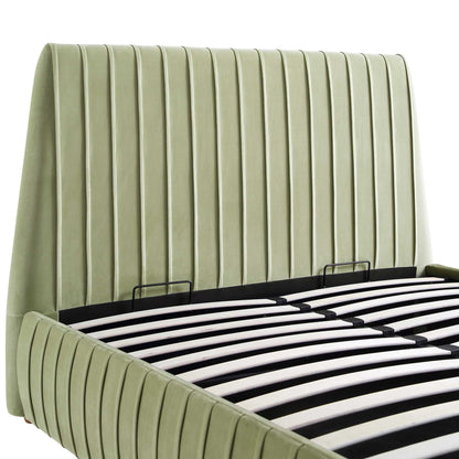 Lit de rangement ottoman plissé Helia, velours lichen