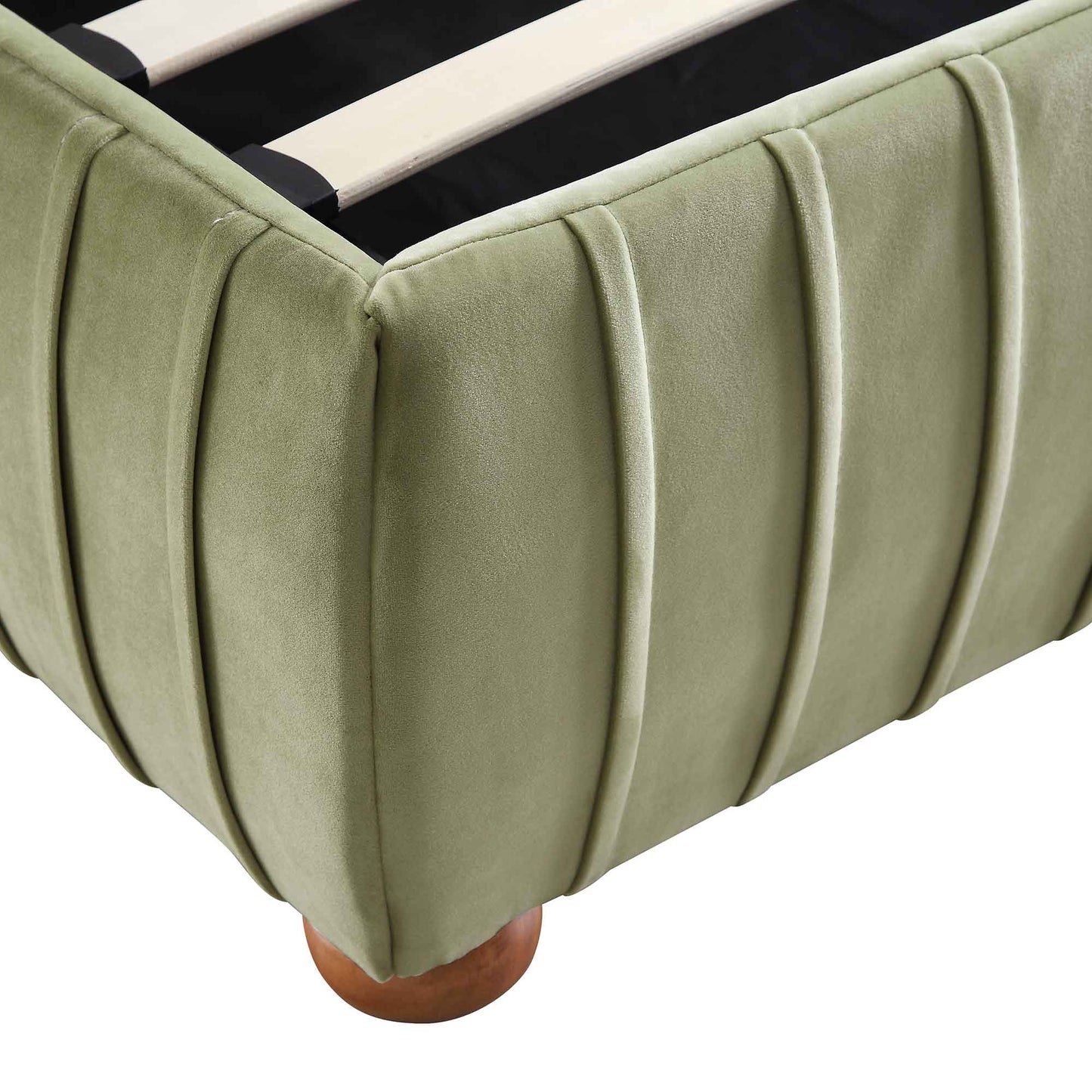 Lit de rangement ottoman plissé Helia, velours lichen