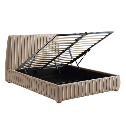 Lit coffre ottoman plissé Helia, velours taupe