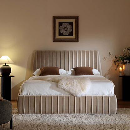 Lit coffre ottoman plissé Helia, velours taupe