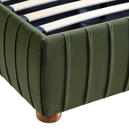 Lit coffre ottoman plissé Helia, velours vert mousse