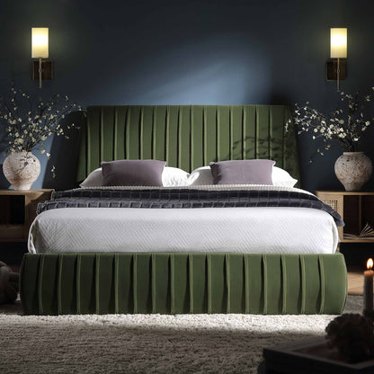 Lit coffre ottoman plissé Helia, velours vert mousse
