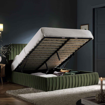 Lit coffre ottoman plissé Helia, velours vert mousse
