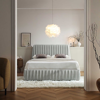 Lit coffre ottoman plissé Helia, velours gris argenté