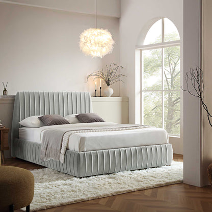 Lit coffre ottoman plissé Helia, velours gris argenté