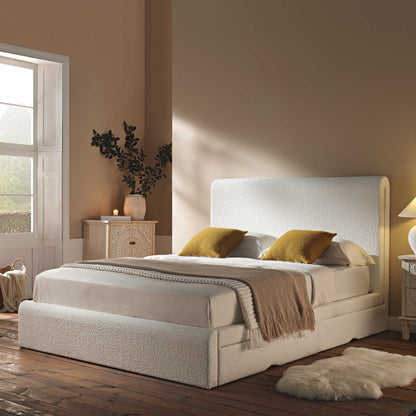 Lit incurvé Hampstead Ecru Boucle avec rangement à 4 tiroirs