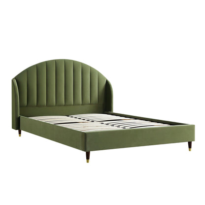 Cadre de lit rembourré en velours vert Eleanor Moss avec tête de lit bombée