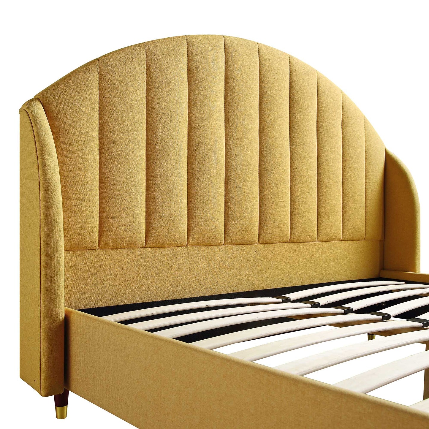 Cadre de lit rembourré en tissu jaune tournesol Eleanor avec tête de lit bombée