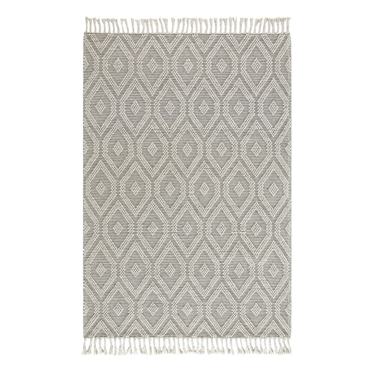 Tapis en laine tissé à la main Avanti gris clair et crème à pompons en losanges