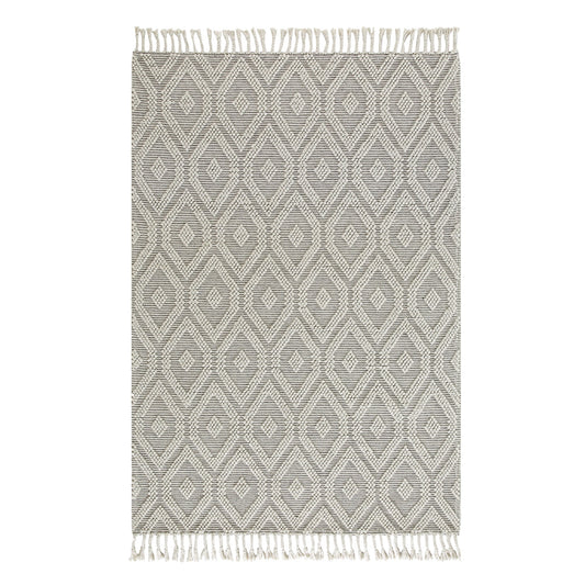 Tapis en laine tissé à la main Avanti gris clair et crème à pompons en losanges