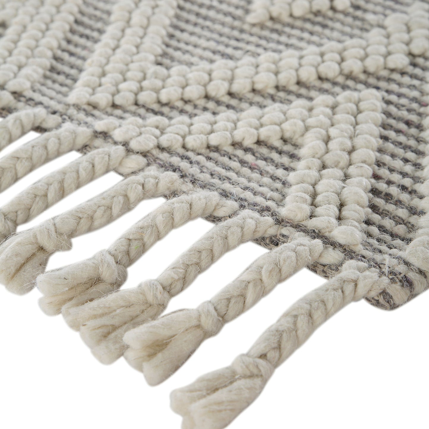 Tapis en laine tissé à la main Avanti gris clair et crème à pompons en losanges