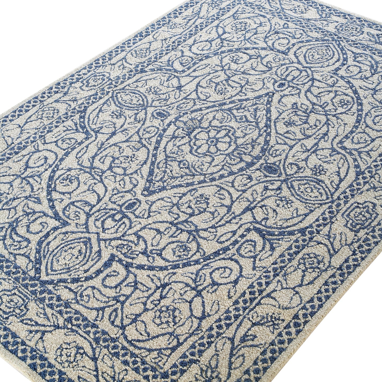 Tapis traditionnel en laine touffeté à la main Eden Blue Leaf
