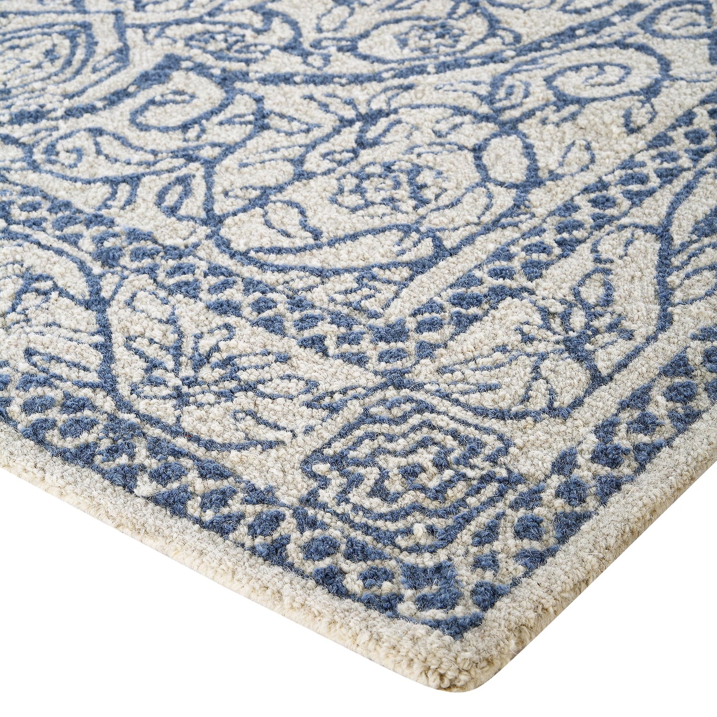 Tapis traditionnel en laine touffeté à la main Eden Blue Leaf