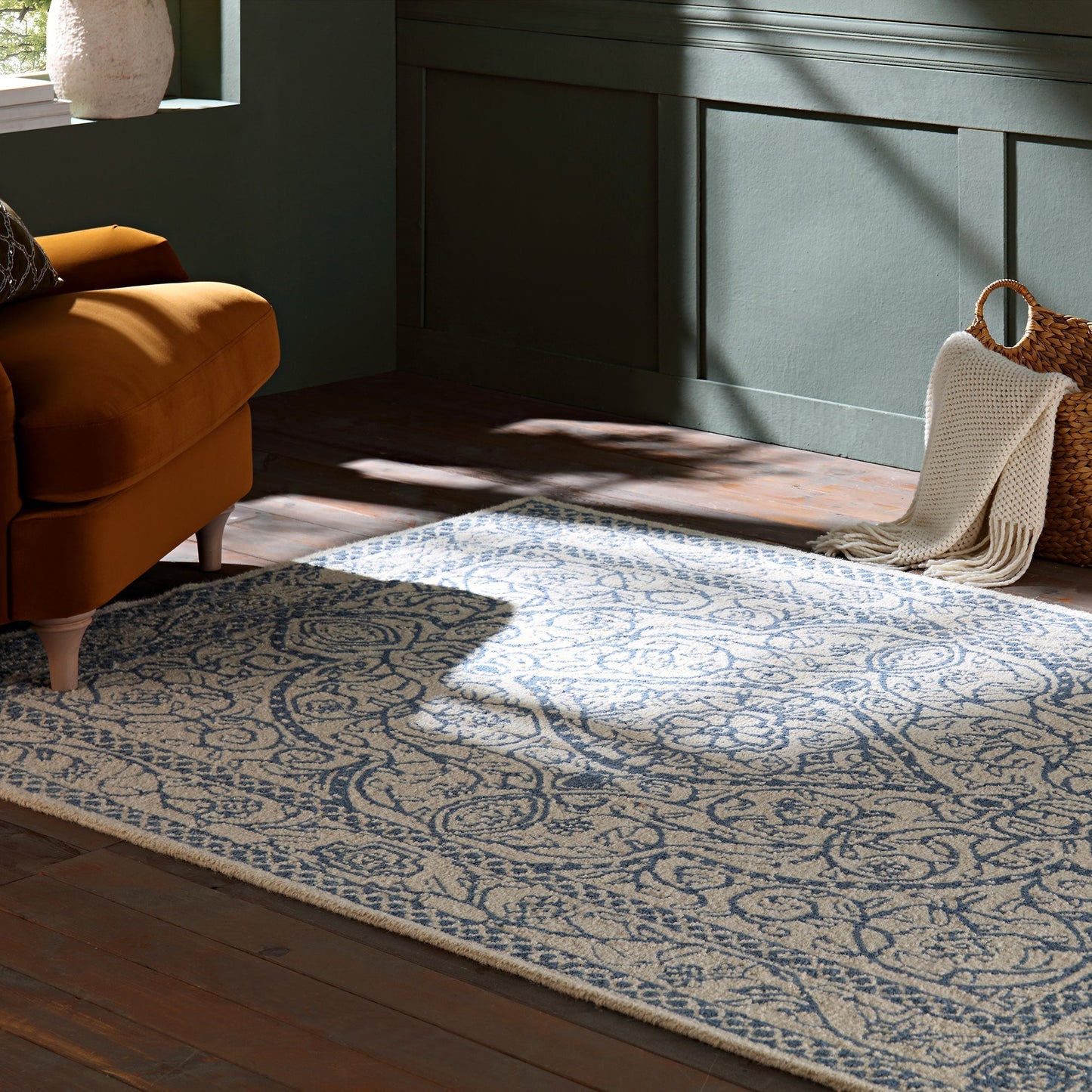 Tapis traditionnel en laine touffeté à la main Eden Blue Leaf