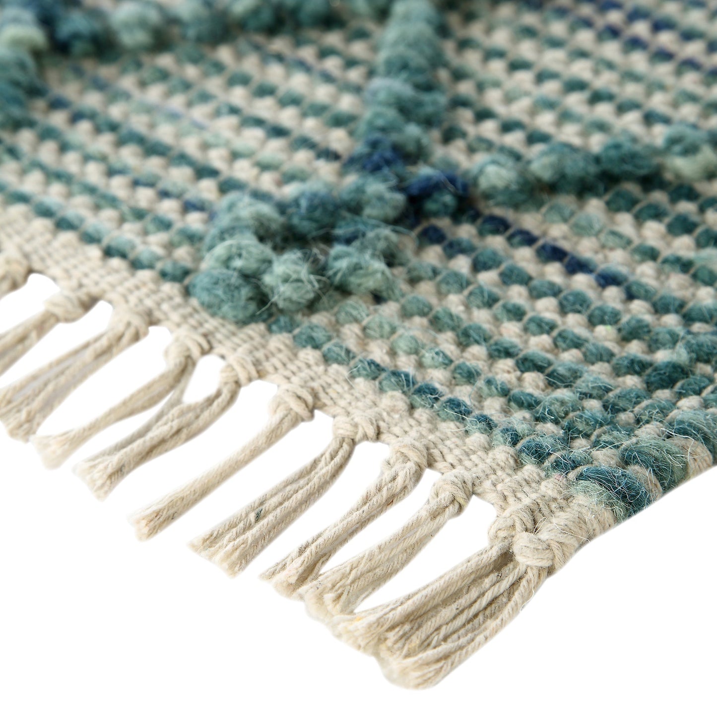 Tapis en laine à pompons aigue-marine tissé à la main Avanti