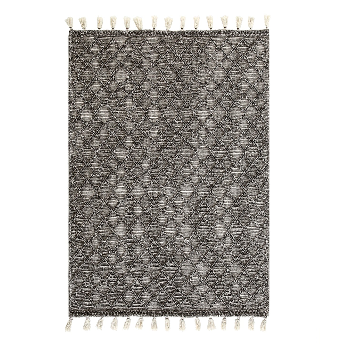 Tapis en laine tissé à la main Avanti gris chaud à pompons et losanges