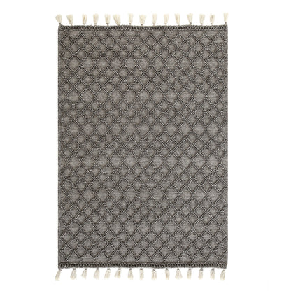 Tapis en laine tissé à la main Avanti gris chaud à pompons et losanges