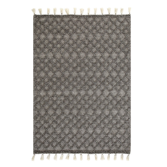 Tapis en laine tissé à la main Avanti gris chaud à pompons et losanges