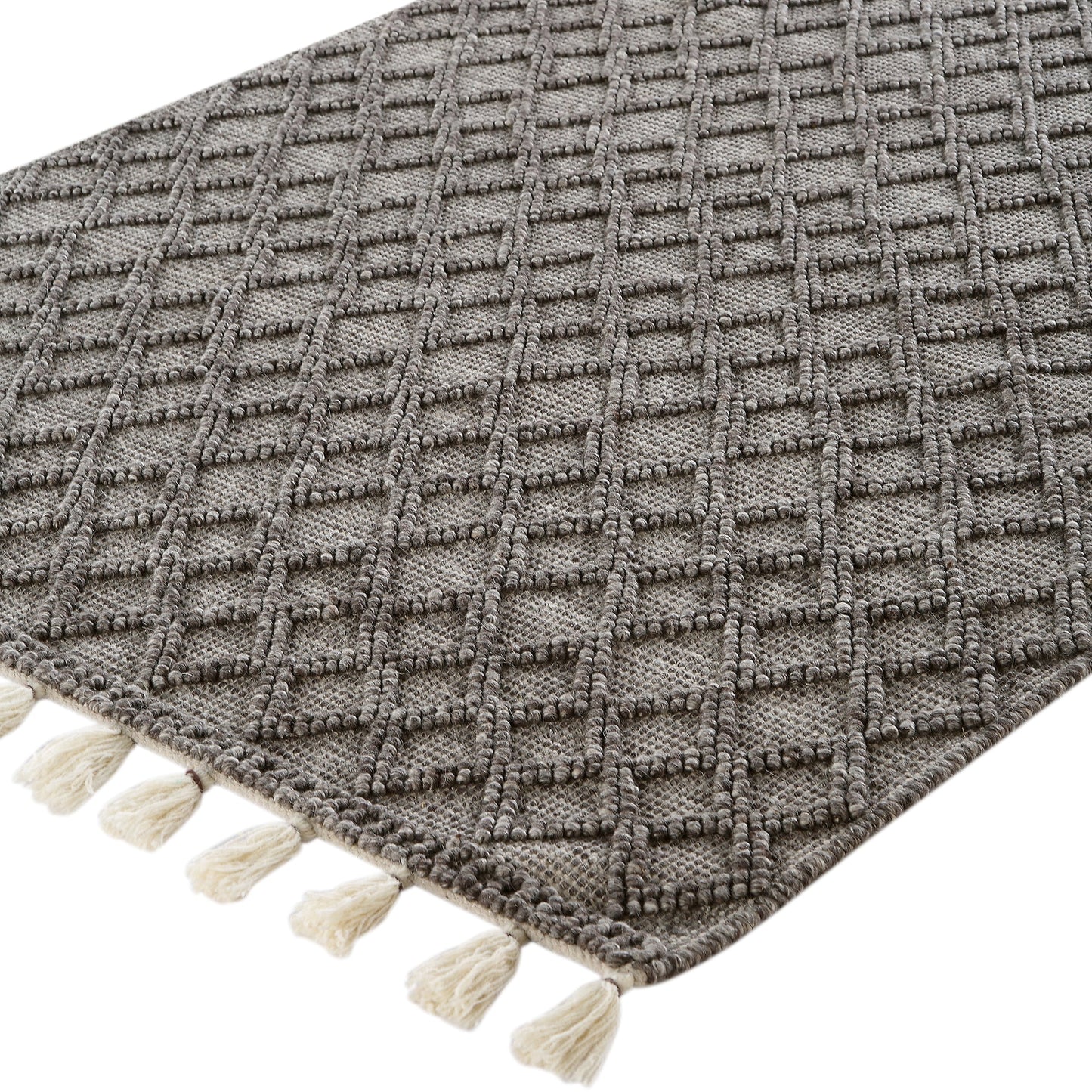 Tapis en laine tissé à la main Avanti gris chaud à pompons et losanges