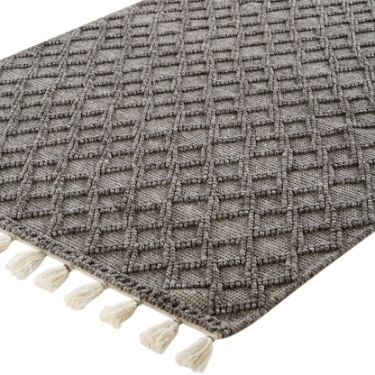 Tapis en laine tissé à la main Avanti gris chaud à pompons et losanges