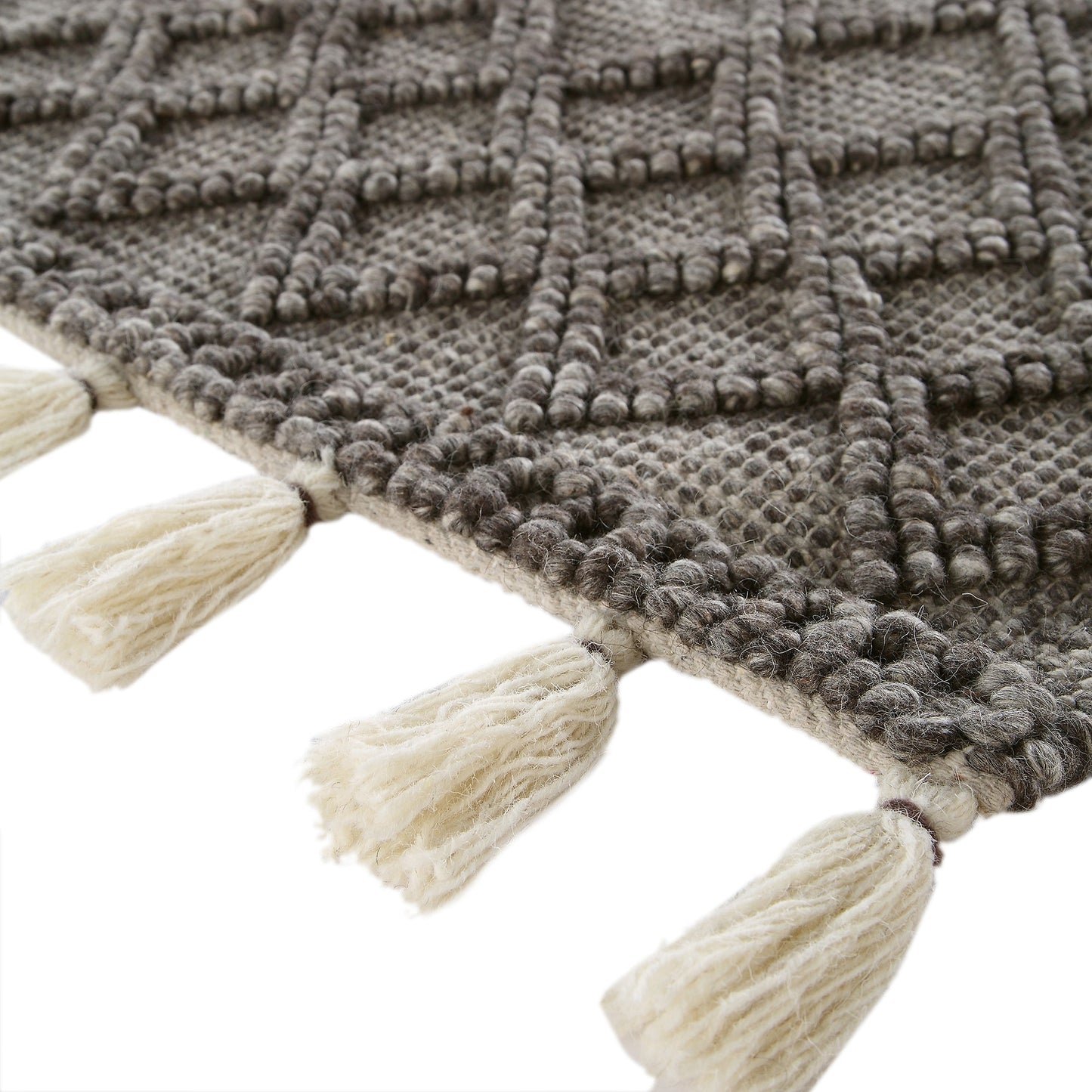 Tapis en laine tissé à la main Avanti gris chaud à pompons et losanges