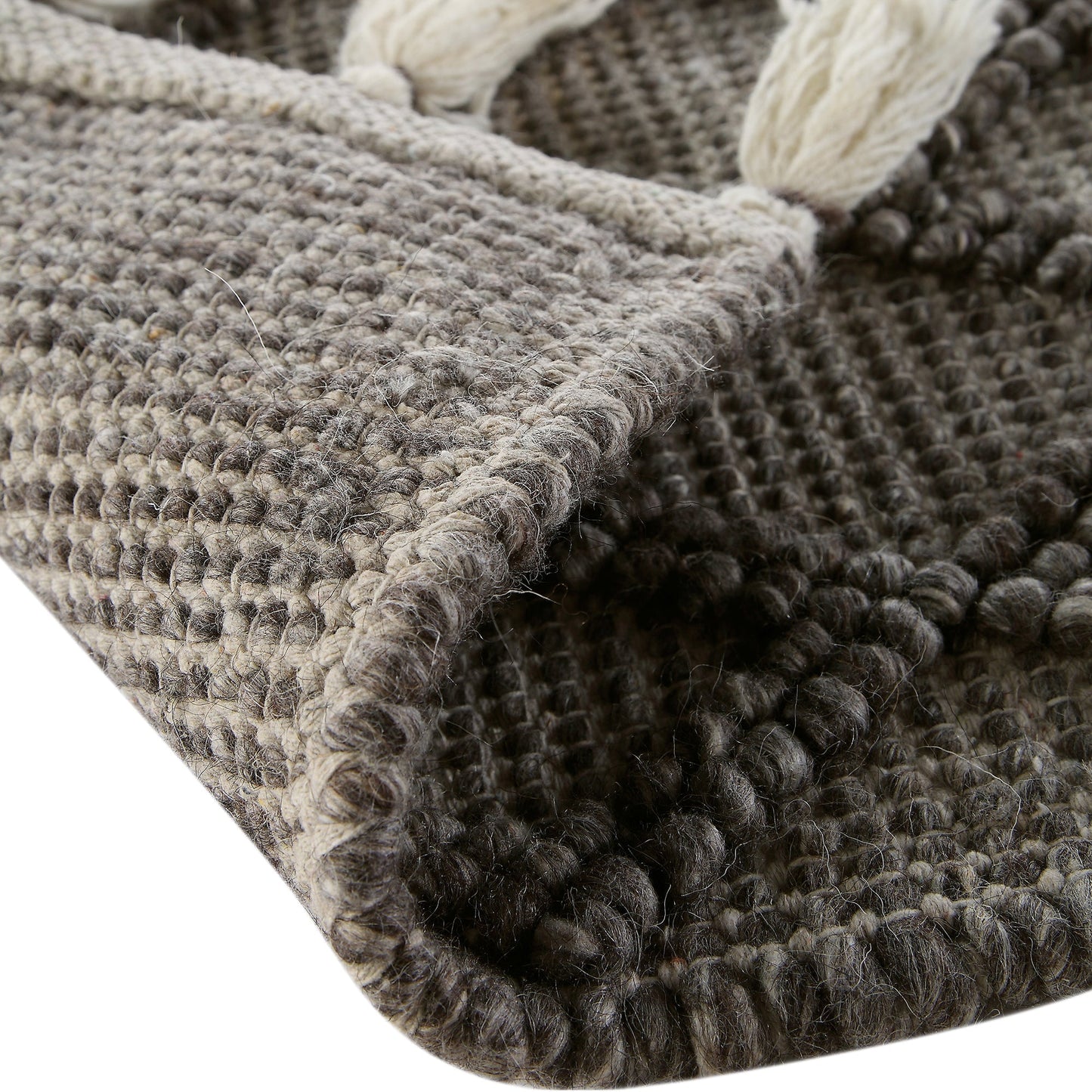 Tapis en laine tissé à la main Avanti gris chaud à pompons et losanges