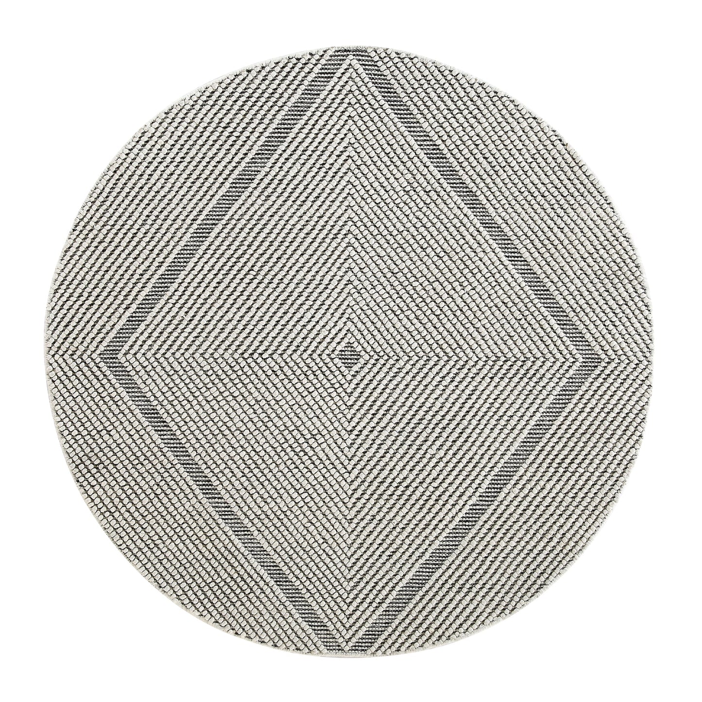Tapis rond en laine tissé à la main Avanti, motif sel et poivre, à pompons et diamants