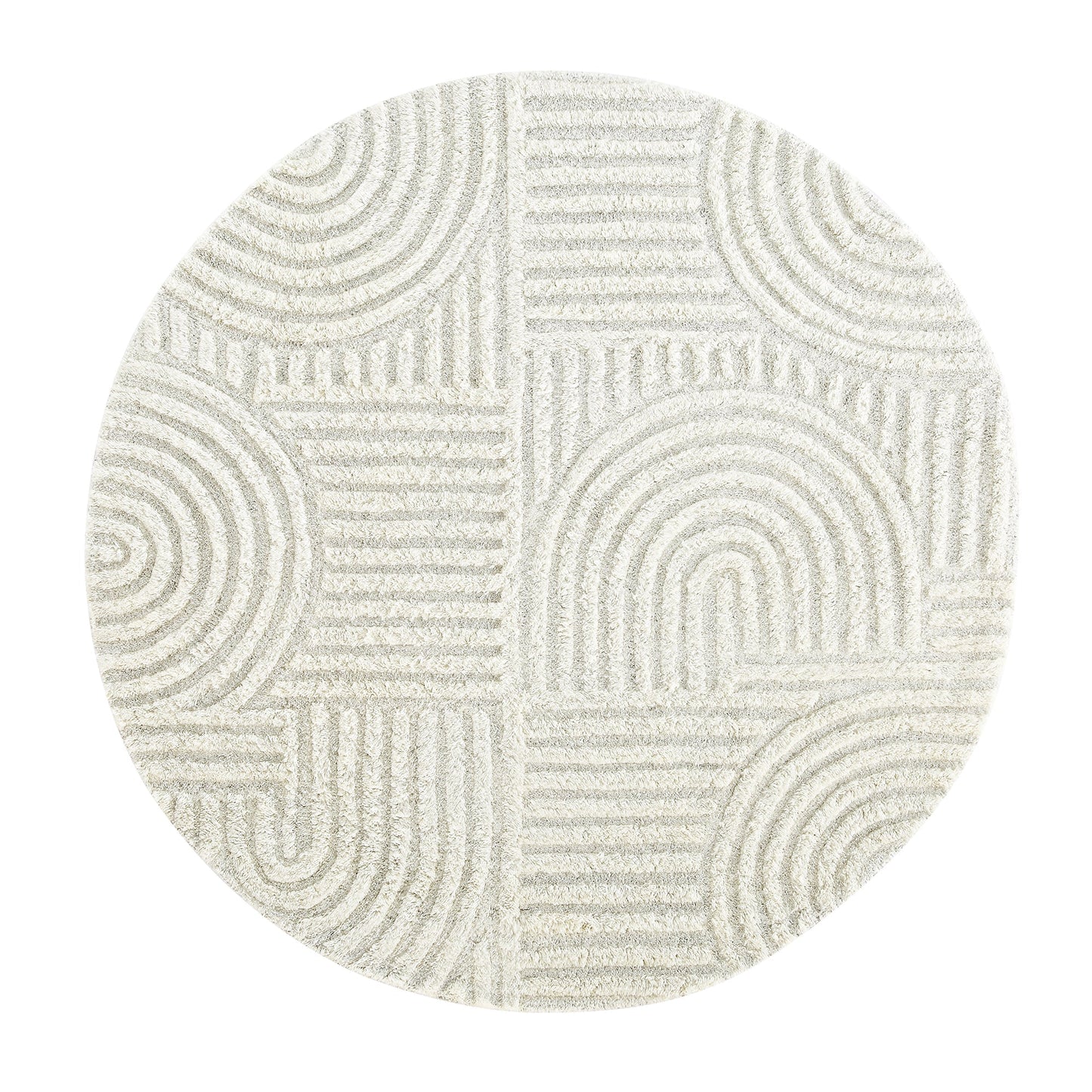 Tapis rond en laine de Nouvelle-Zélande touffeté à la main Geo Curve couleur crème