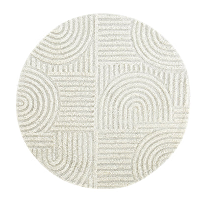Tapis rond en laine de Nouvelle-Zélande touffeté à la main Geo Curve couleur crème