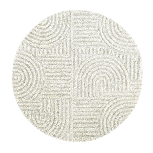 Tapis rond en laine de Nouvelle-Zélande touffeté à la main Geo Curve couleur crème