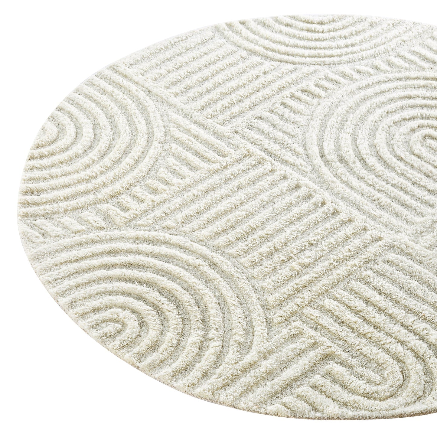 Tapis rond en laine de Nouvelle-Zélande touffeté à la main Geo Curve couleur crème
