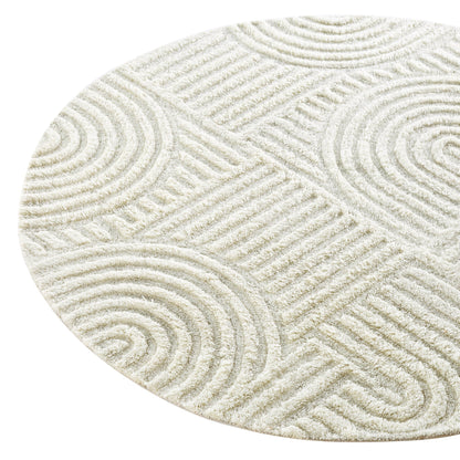 Tapis rond en laine de Nouvelle-Zélande touffeté à la main Geo Curve couleur crème