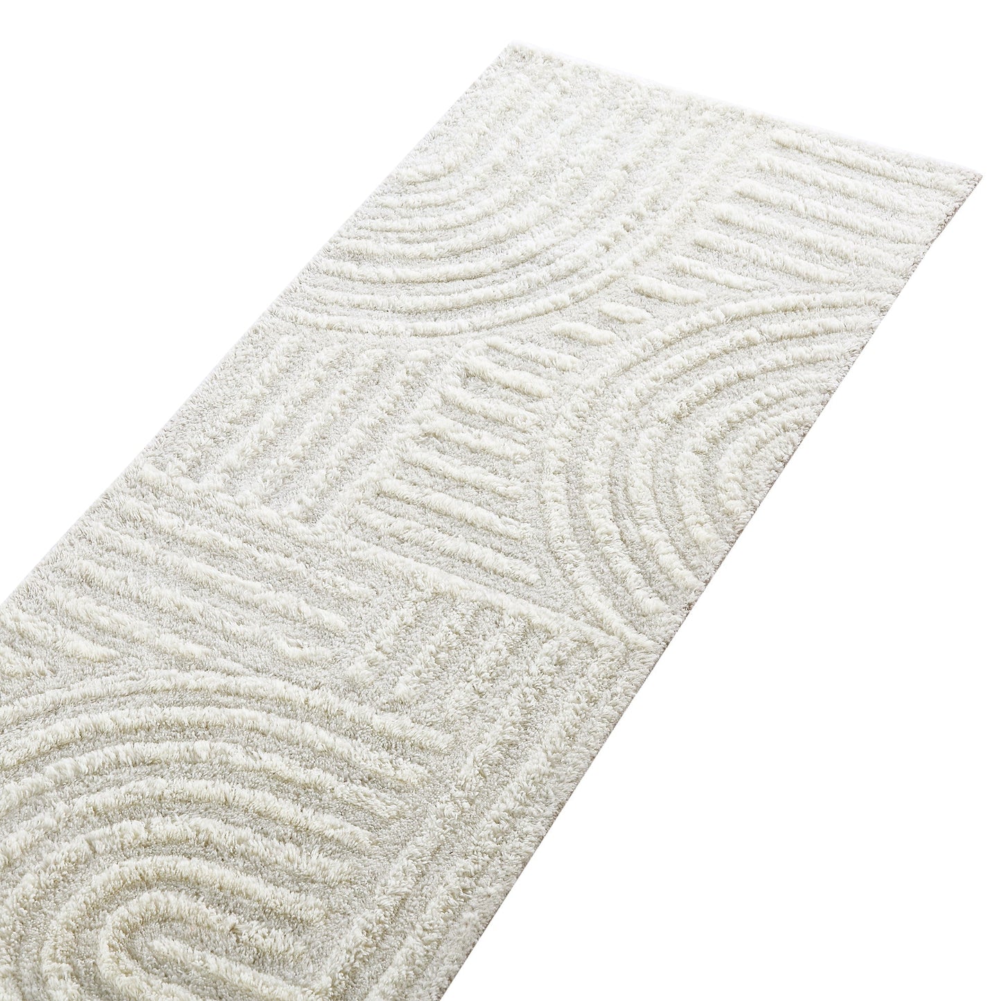Tapis de couloir Geo Curve en laine de Nouvelle-Zélande touffetée à la main, couleur crème