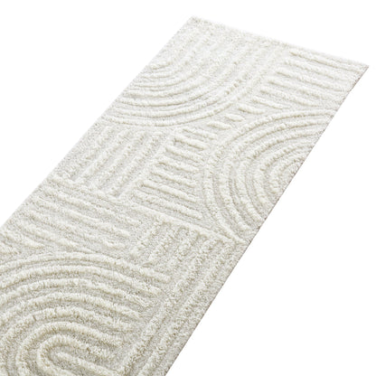 Tapis de couloir Geo Curve en laine de Nouvelle-Zélande touffetée à la main, couleur crème