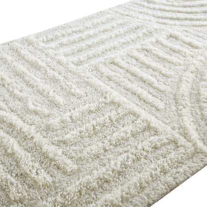 Tapis de couloir Geo Curve en laine de Nouvelle-Zélande touffetée à la main, couleur crème