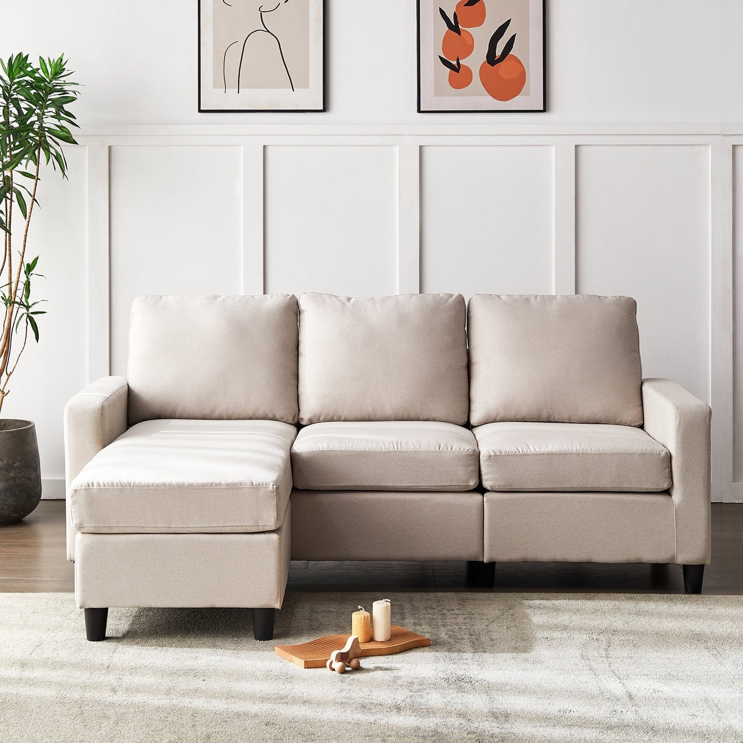 Canapé 3 places Campbell avec méridienne réversible en tissu tissé beige