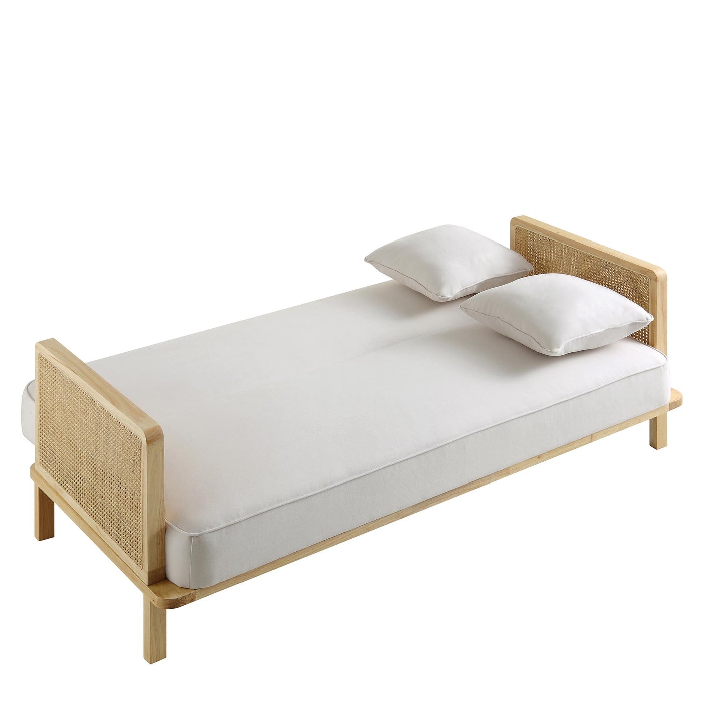 Canapé-lit Pienza en bois massif et rotin, tissu beige avec cadre naturel