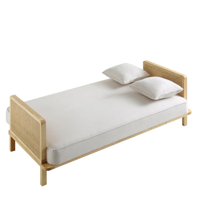 Canapé-lit Pienza en bois massif et rotin, tissu beige avec cadre naturel