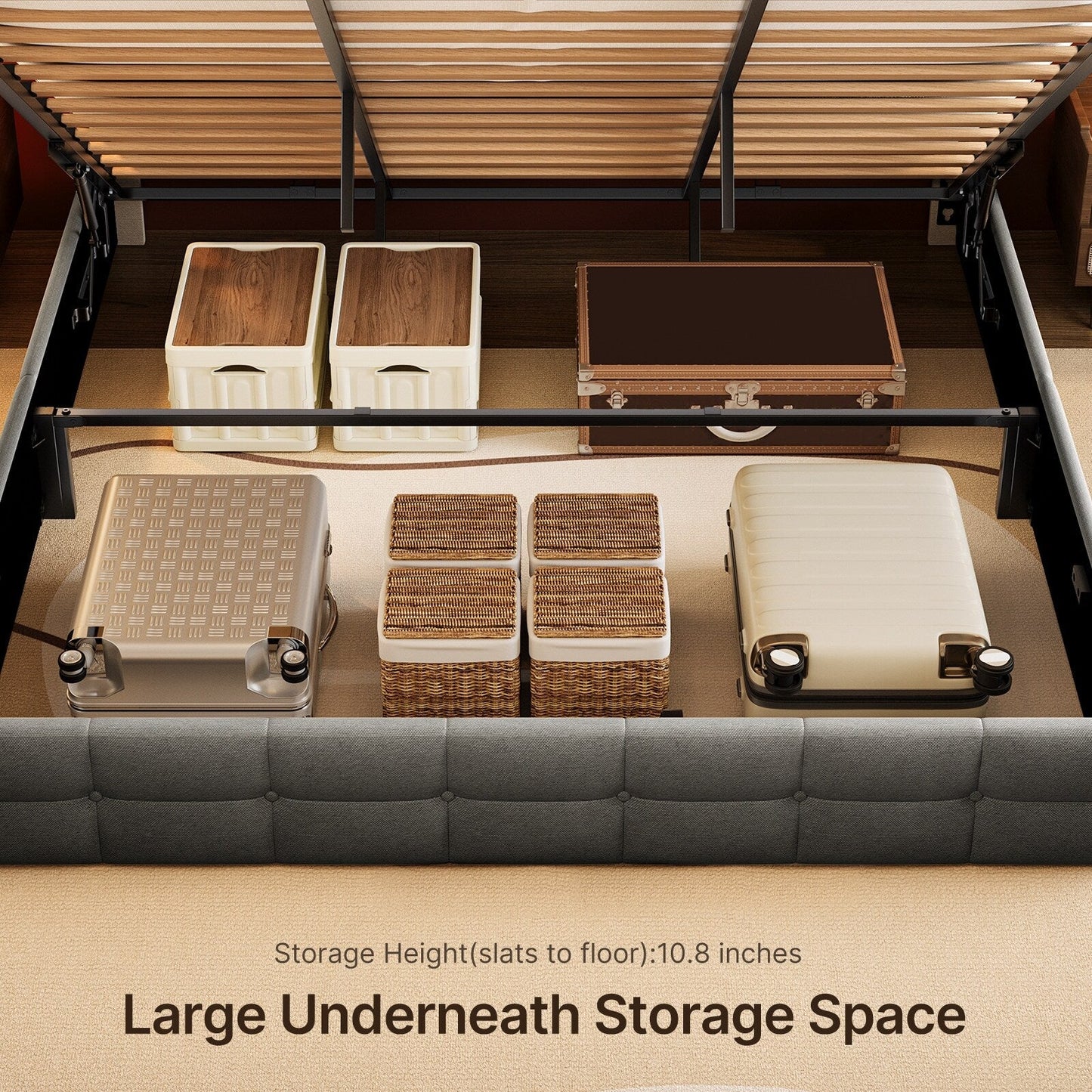 Cadre de lit coffre relevable, cadre de lit plateforme rembourré avec système de rangement hydraulique et tête de lit