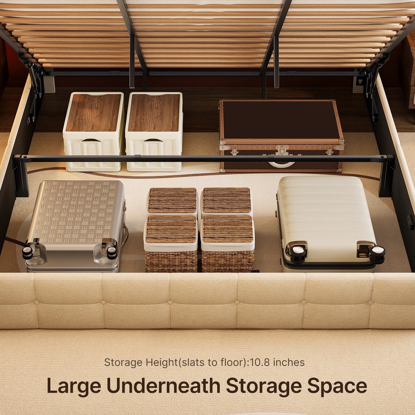 Cadre de lit coffre relevable, cadre de lit plateforme rembourré avec système de rangement hydraulique et tête de lit