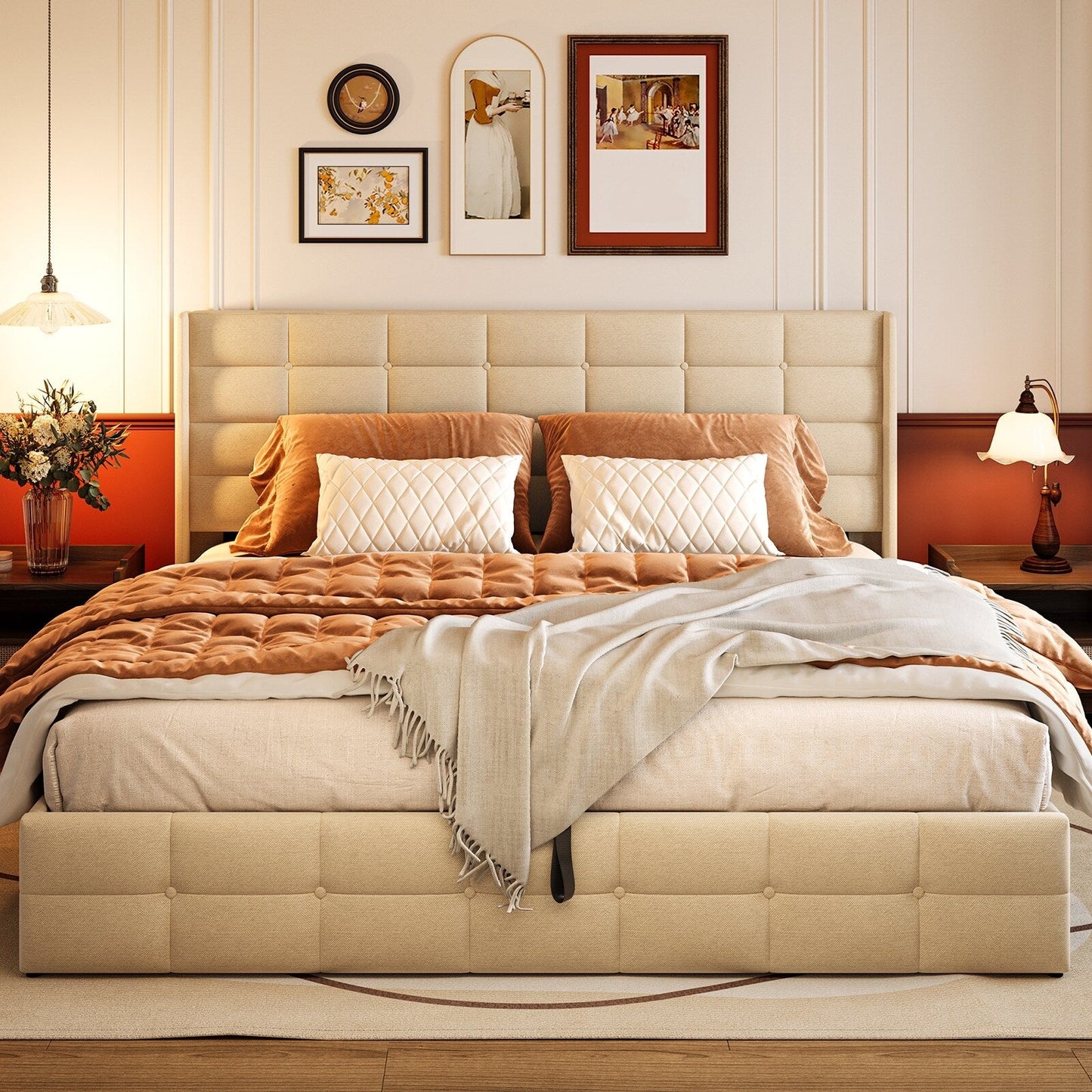 Cadre de lit coffre relevable, cadre de lit plateforme rembourré avec système de rangement hydraulique et tête de lit