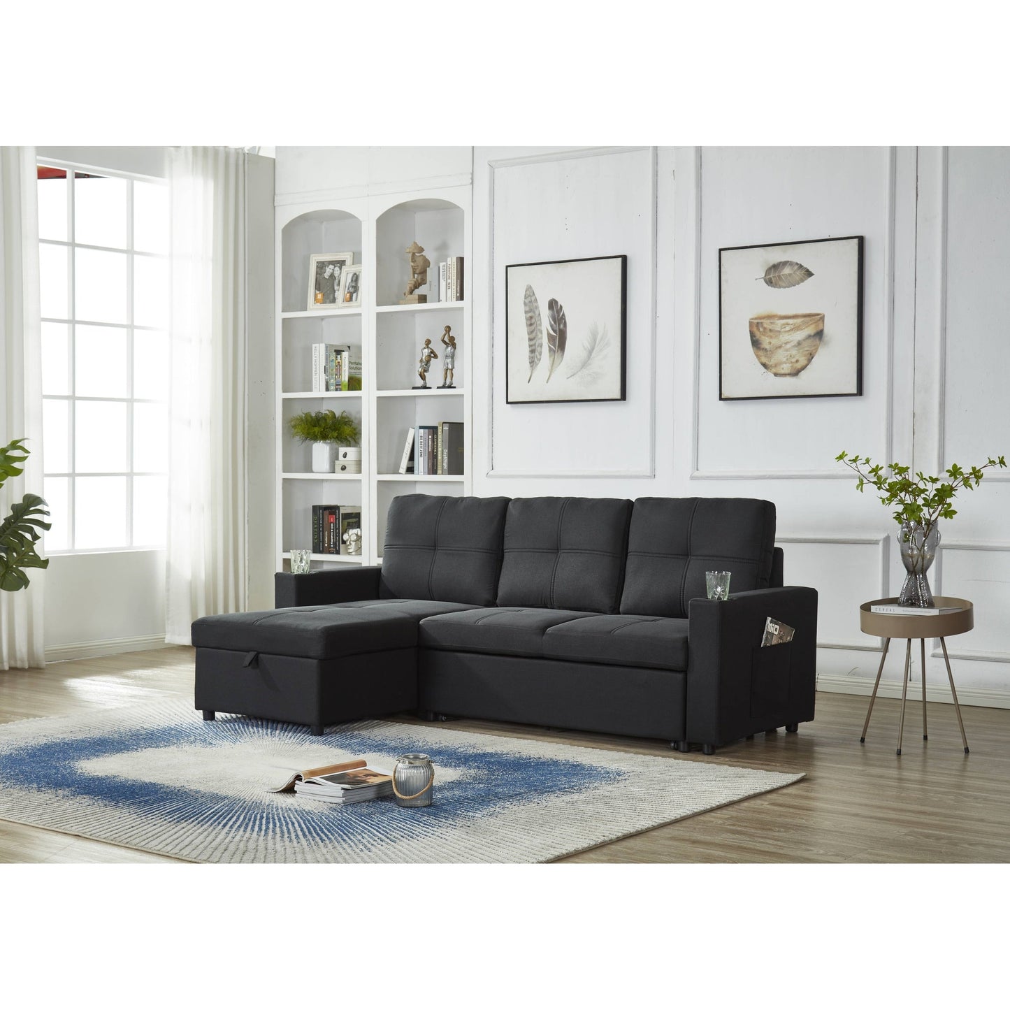 Canapé sectionnel en lin, chaise longue réversible avec lit gigogne