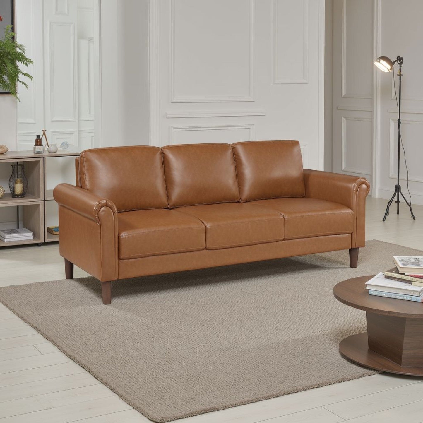 Canapé Lo avec accoudoirs roulés, similicuir marron style milieu de siècle, 79 pouces