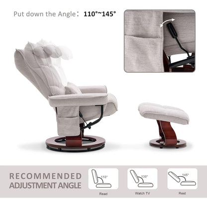 Ensemble MCombo de 2 fauteuils inclinables pivotants avec repose-pieds et coussin cervical, en tissu chenille