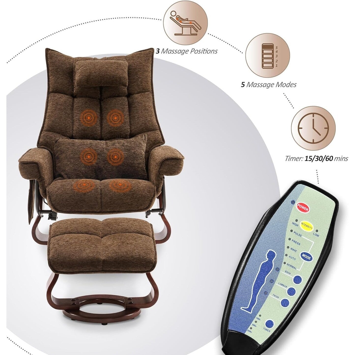 Ensemble MCombo de 2 fauteuils inclinables pivotants avec repose-pieds et coussin cervical, en tissu chenille