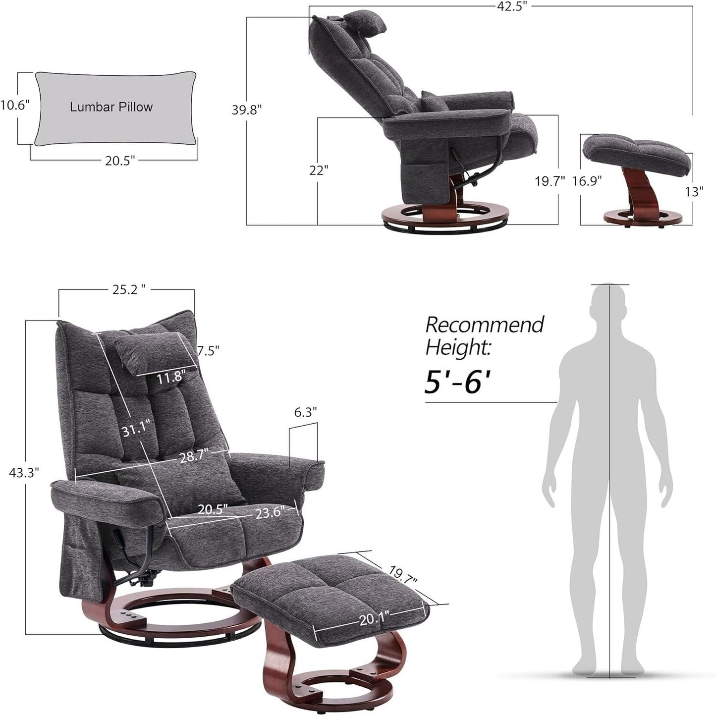 Ensemble MCombo de 2 fauteuils inclinables pivotants avec repose-pieds et coussin cervical, en tissu chenille