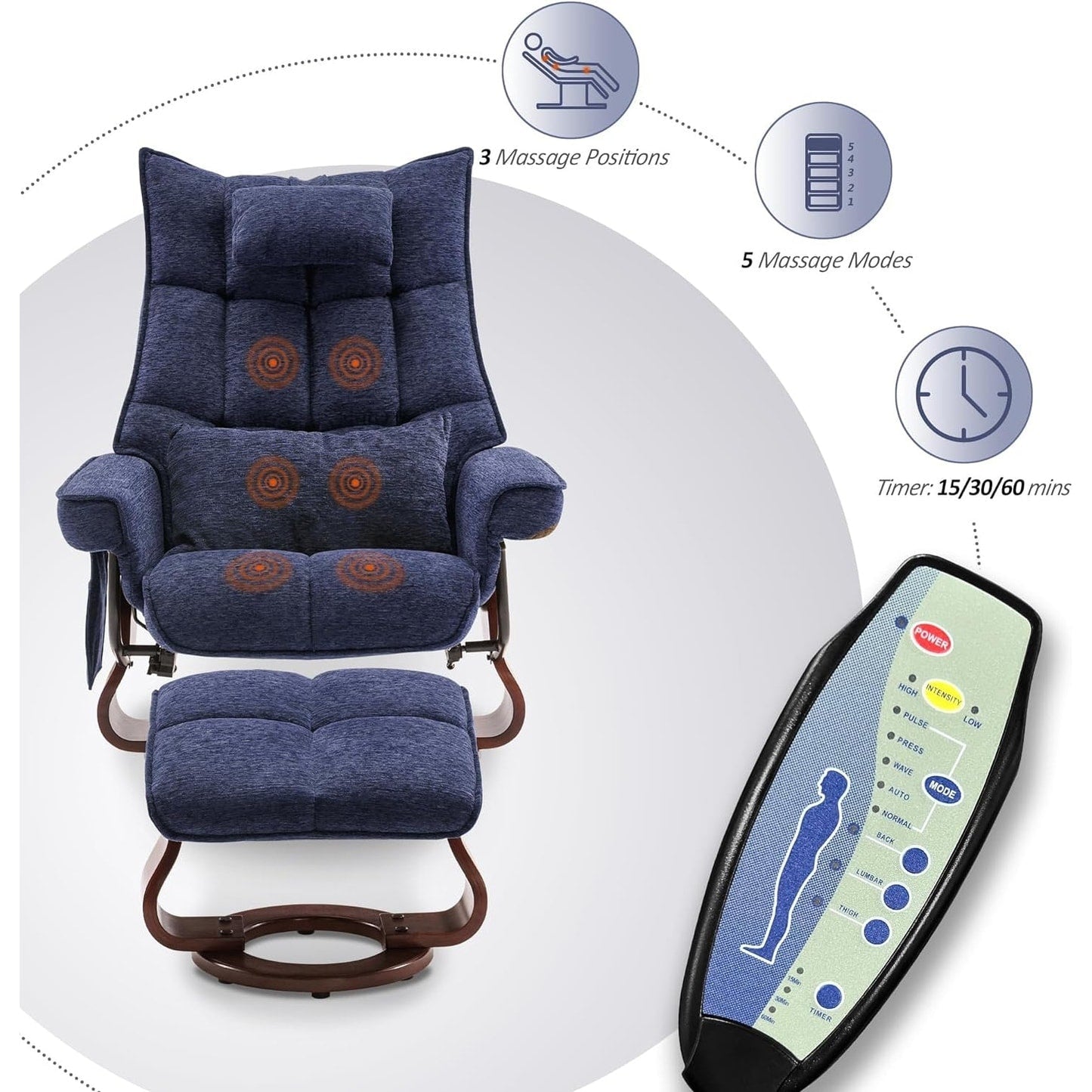 Ensemble MCombo de 2 fauteuils inclinables pivotants avec repose-pieds et coussin cervical, en tissu chenille